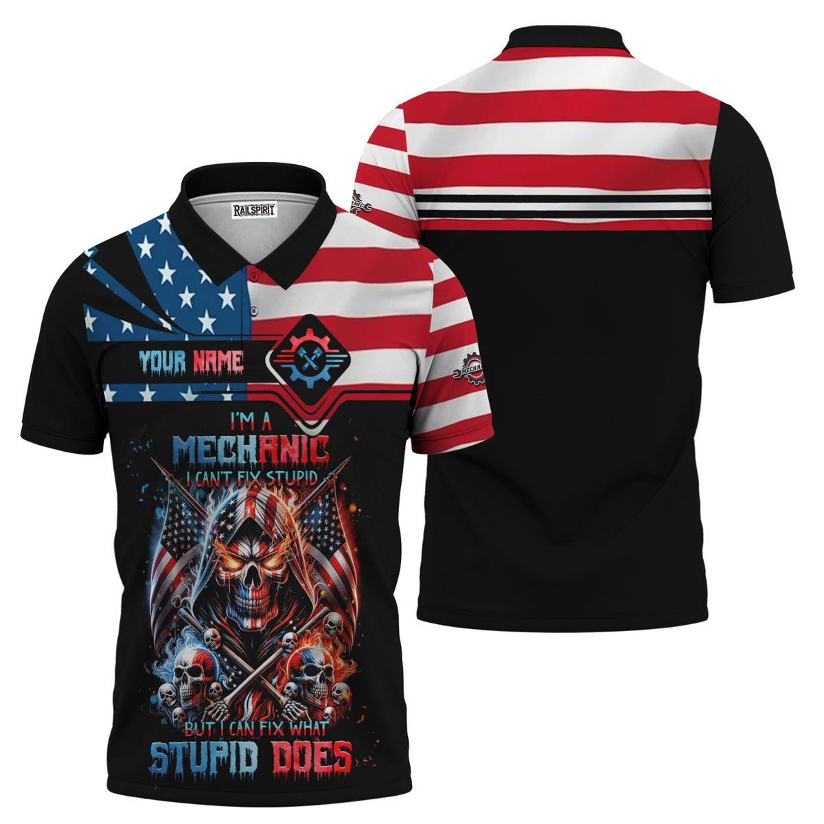 Custom Mechanic Shirt, Fix Stupid Design, Personalized Name, American Flag Skull Graphic, Funny Mechanic T-shirt for Men & Women
