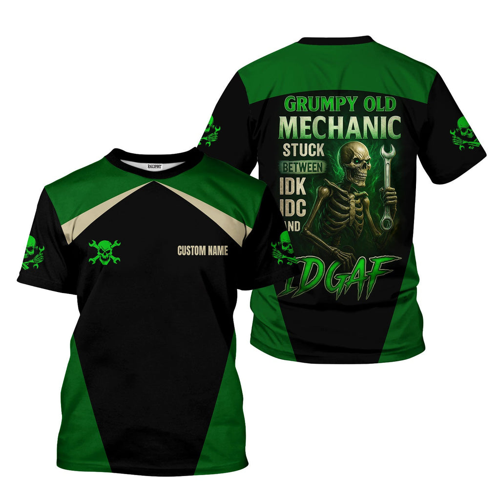 Personalized Mechanic Shirt, Grumpy Old Mechanic Stuck Between IDK IDC And IDGAF, Mechanic Uniforms, Gift For Men