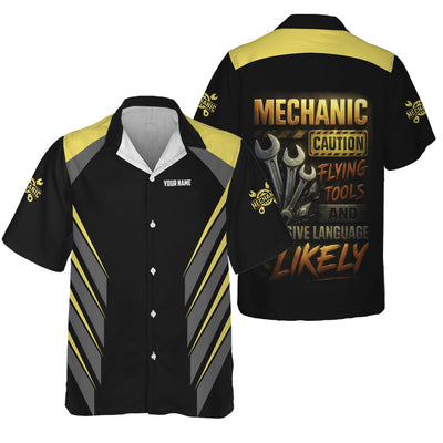 Personalized Mechanic Shirt, Mechanic Caution Flying Tools And Offensive Language Likely, Mechanic Uniforms, Gift For Men