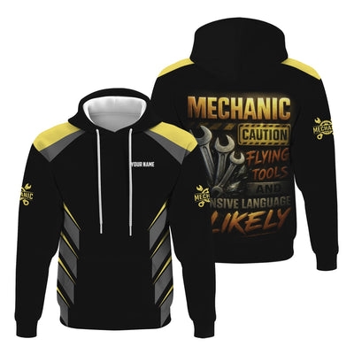 Personalized Mechanic Shirt, Mechanic Caution Flying Tools And Offensive Language Likely, Mechanic Uniforms, Gift For Men