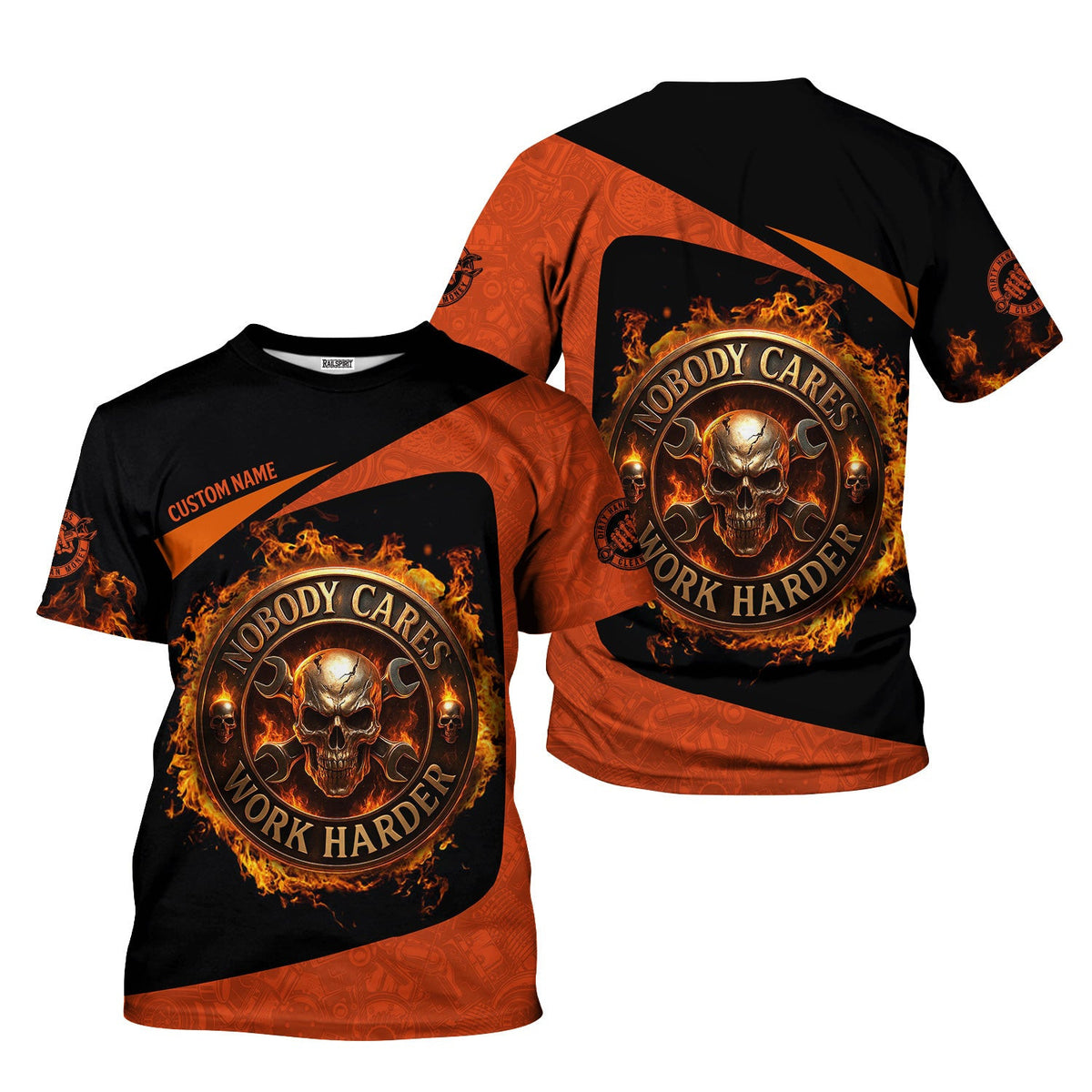 Personalized Mechanic Shirt, Nobody Cares Work Harder, Flame Skull Design, Gift For Men
