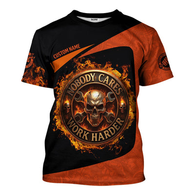Personalized Mechanic Shirt, Nobody Cares Work Harder, Flame Skull Design, Gift For Men