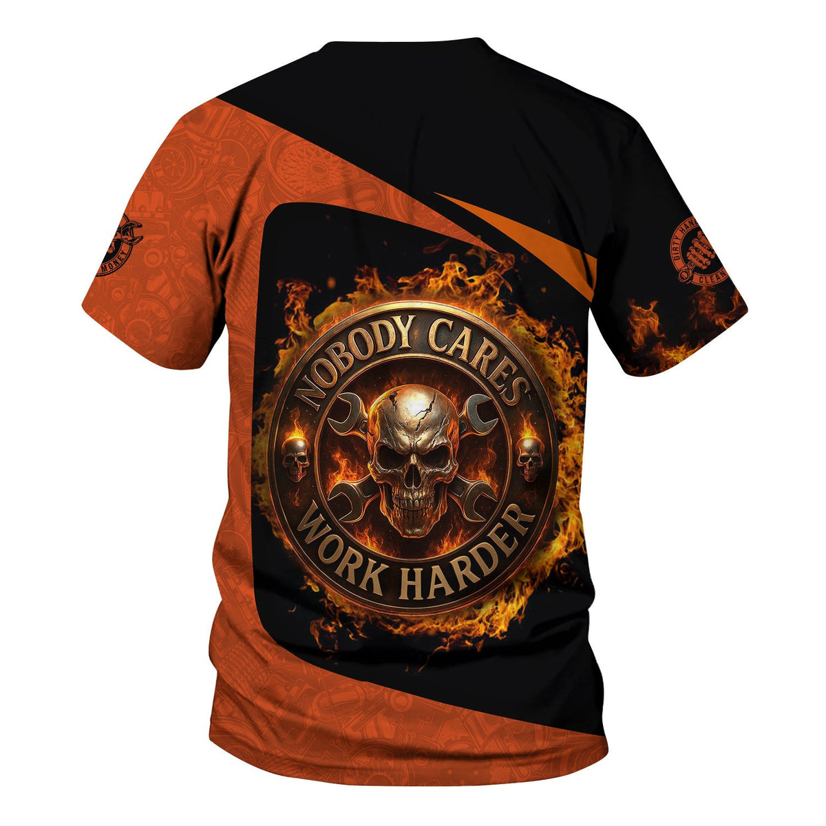 Personalized Mechanic Shirt, Nobody Cares Work Harder, Flame Skull Design, Gift For Men