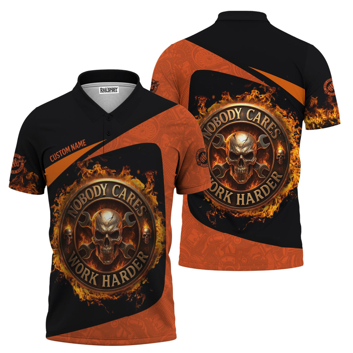 Personalized Mechanic Shirt, Nobody Cares Work Harder, Flame Skull Design, Gift For Men