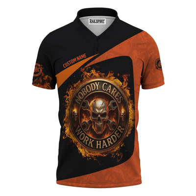 Personalized Mechanic Shirt, Nobody Cares Work Harder, Flame Skull Design, Gift For Men