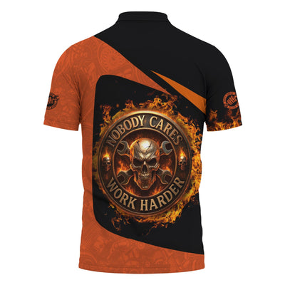 Personalized Mechanic Shirt, Nobody Cares Work Harder, Flame Skull Design, Gift For Men
