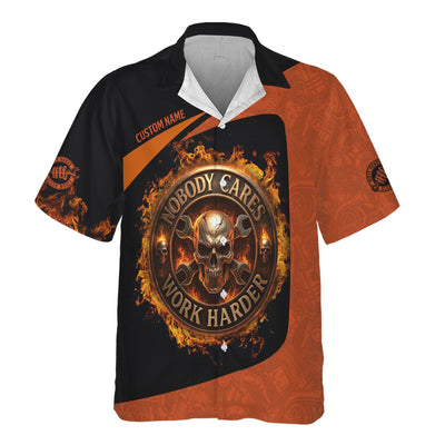 Personalized Mechanic Shirt, Nobody Cares Work Harder, Flame Skull Design, Gift For Men