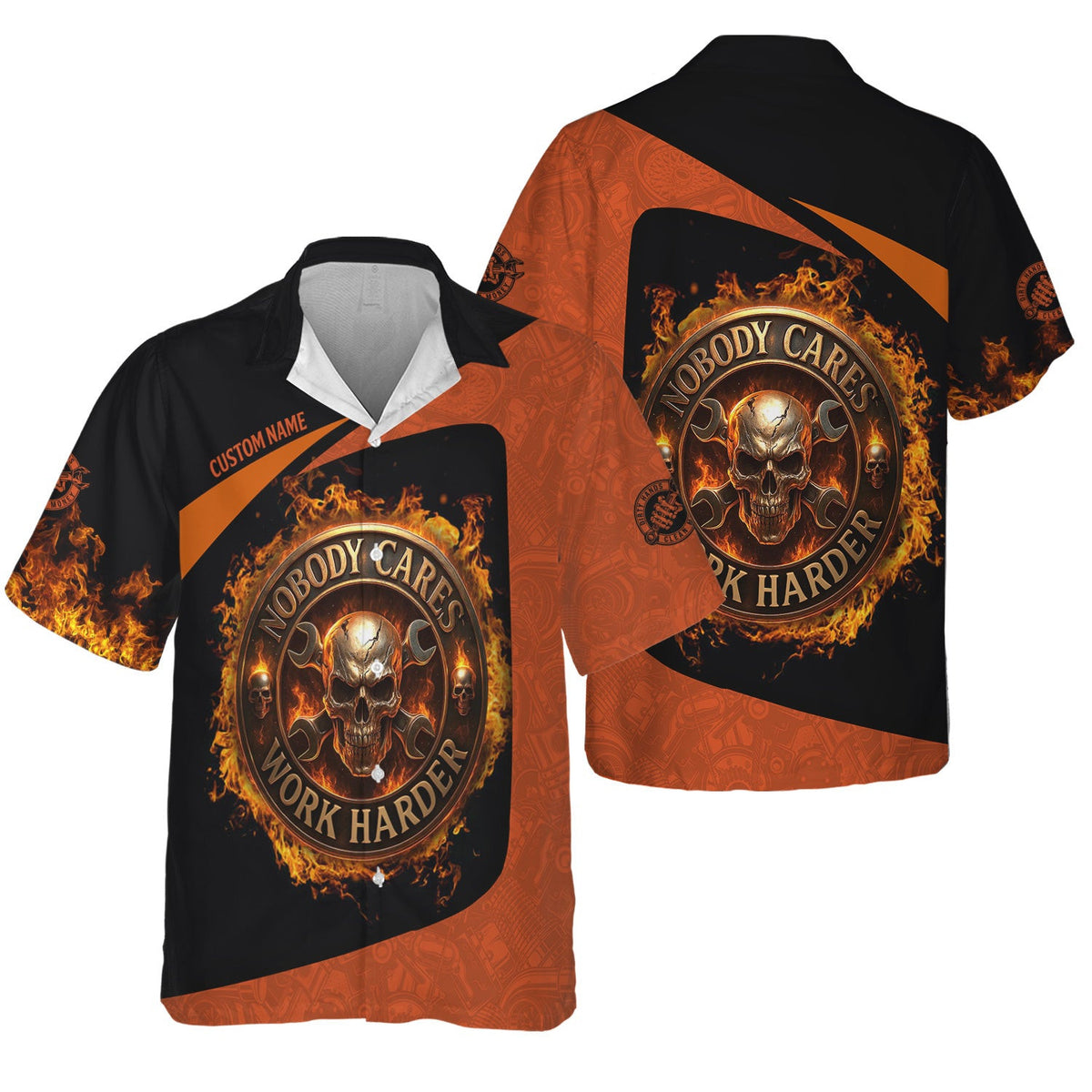Personalized Mechanic Shirt, Nobody Cares Work Harder, Flame Skull Design, Gift For Men