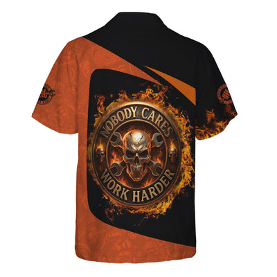 Personalized Mechanic Shirt, Nobody Cares Work Harder, Flame Skull Design, Gift For Men