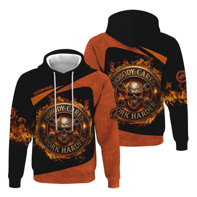 Personalized Mechanic Shirt, Nobody Cares Work Harder, Flame Skull Design, Gift For Men