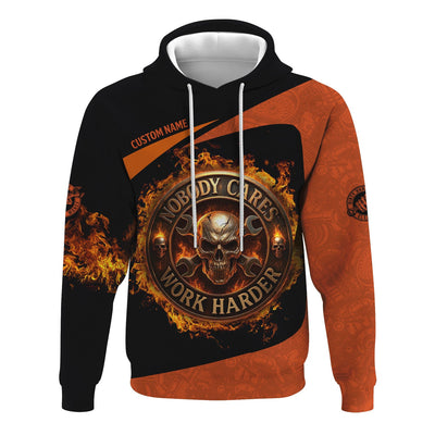 Personalized Mechanic Shirt, Nobody Cares Work Harder, Flame Skull Design, Gift For Men