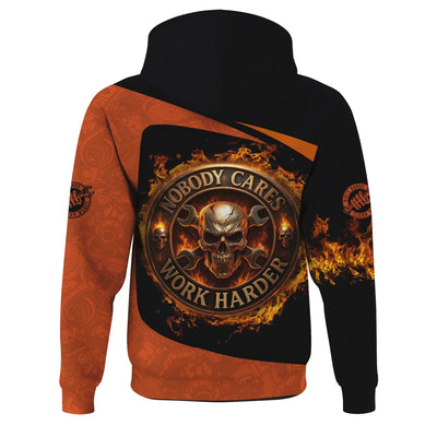 Personalized Mechanic Shirt, Nobody Cares Work Harder, Flame Skull Design, Gift For Men