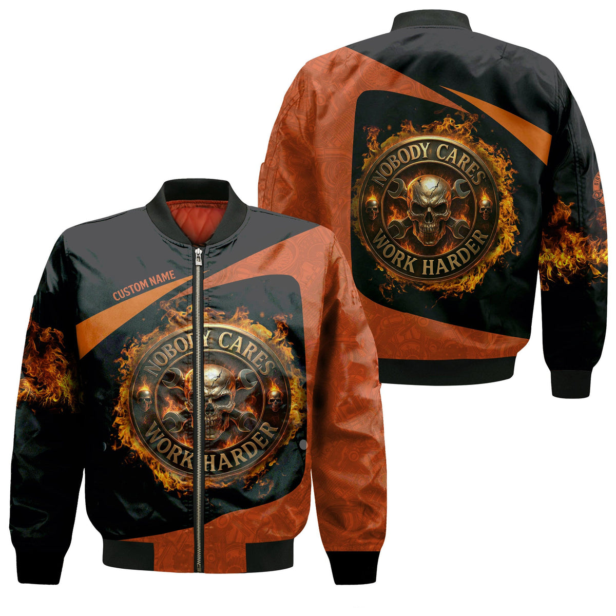 Personalized Mechanic Shirt, Nobody Cares Work Harder, Flame Skull Design, Gift For Men