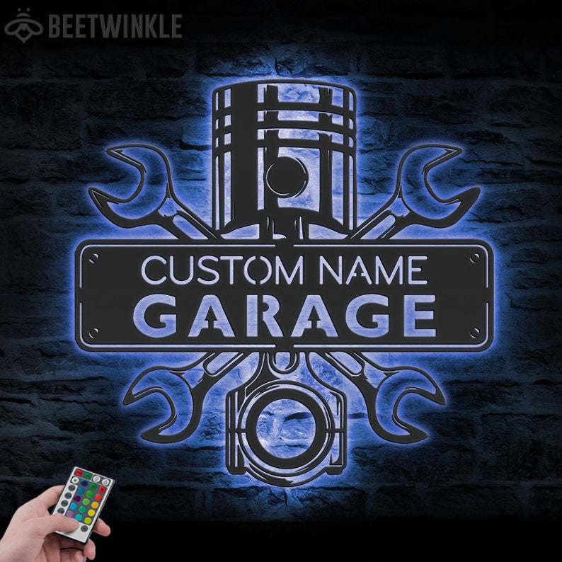 Custom Garage Mechanic Metal Sign Wall Art LED Light Personalized Workshop Name Sign Home Decor Car Mechanic Repair Decoration Repairman Birthday Xmas