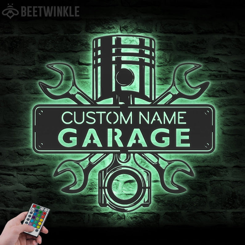 Custom Garage Mechanic Metal Sign Wall Art LED Light Personalized Workshop Name Sign Home Decor Car Mechanic Repair Decoration Repairman Birthday Xmas