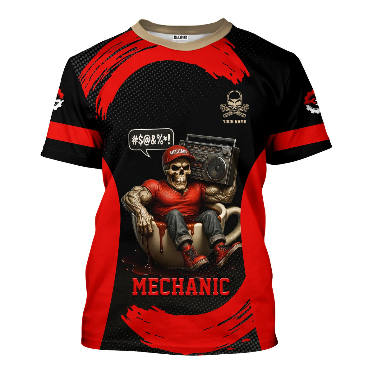 Custom Name Mechanic T-Shirt, I Run On Caffeine Grease Loud Music & Cuss Words, Funny Skull Graphic Tee for Auto Repair, Garage, Car Lovers