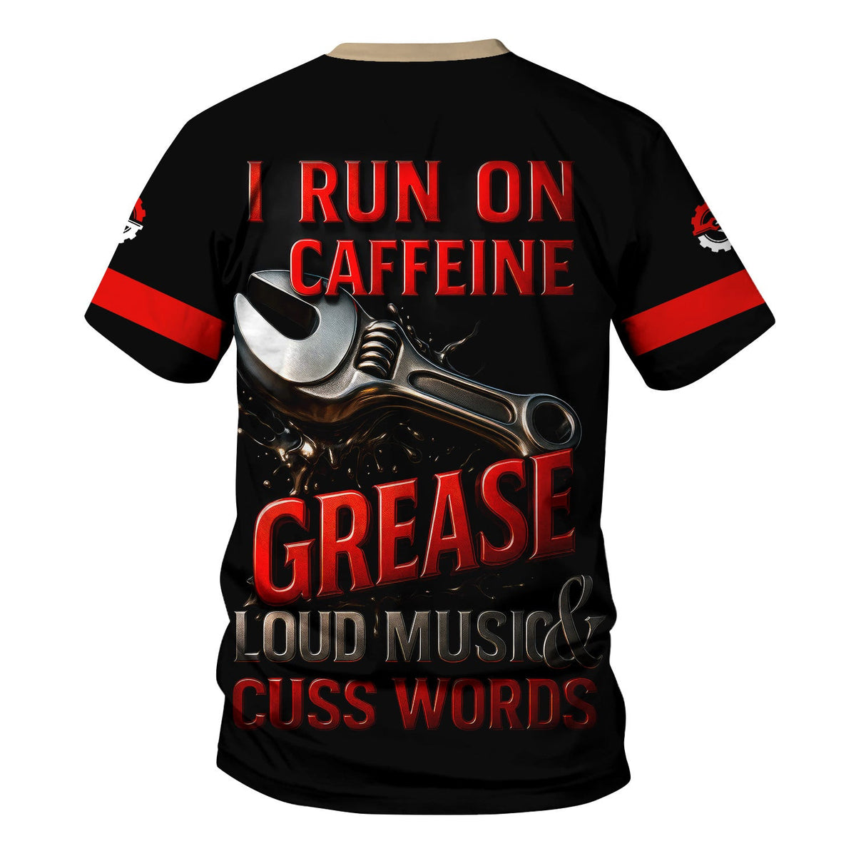 Custom Name Mechanic T-Shirt, I Run On Caffeine Grease Loud Music & Cuss Words, Funny Skull Graphic Tee for Auto Repair, Garage, Car Lovers