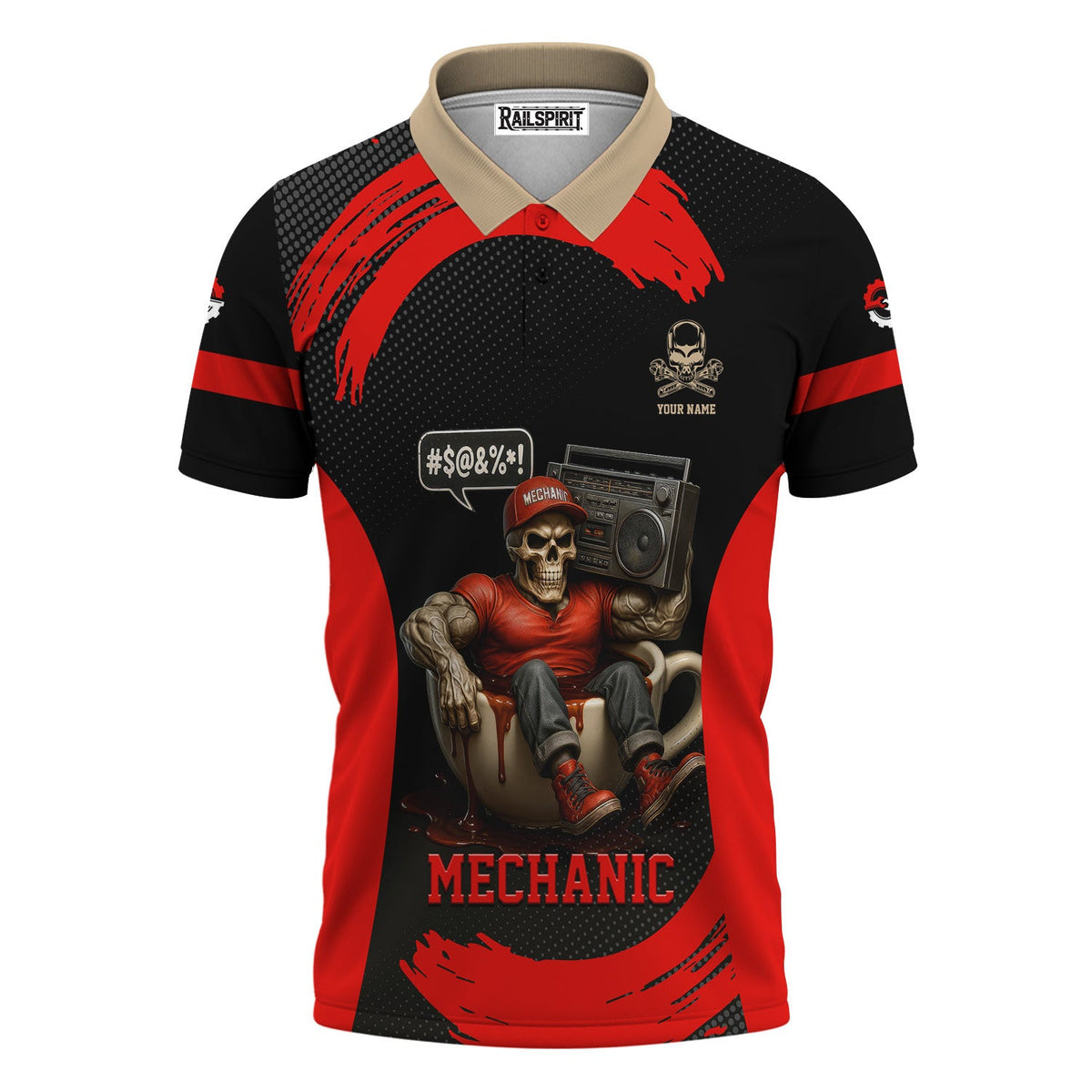 Custom Name Mechanic T-Shirt, I Run On Caffeine Grease Loud Music & Cuss Words, Funny Skull Graphic Tee for Auto Repair, Garage, Car Lovers