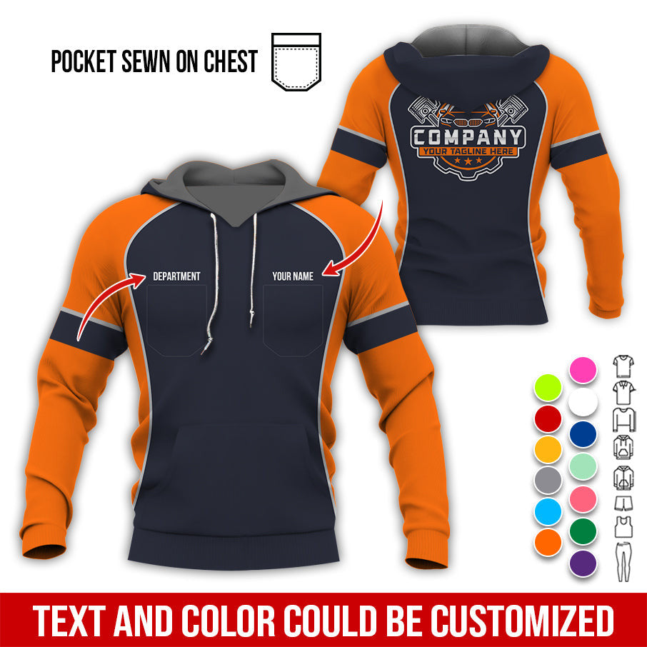 Custom Name Mechanic Shirt for Men, Personalized Garage Workwear Print, Great Gift for Auto Techs, Orange Mechanic T-Shirt