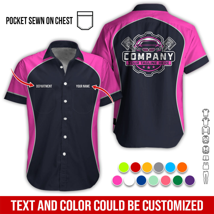 Custom Name Mechanic Shirt for Men, Personalized Garage Workwear Print, Great Gift for Auto Techs, Pink Mechanic T-Shirt