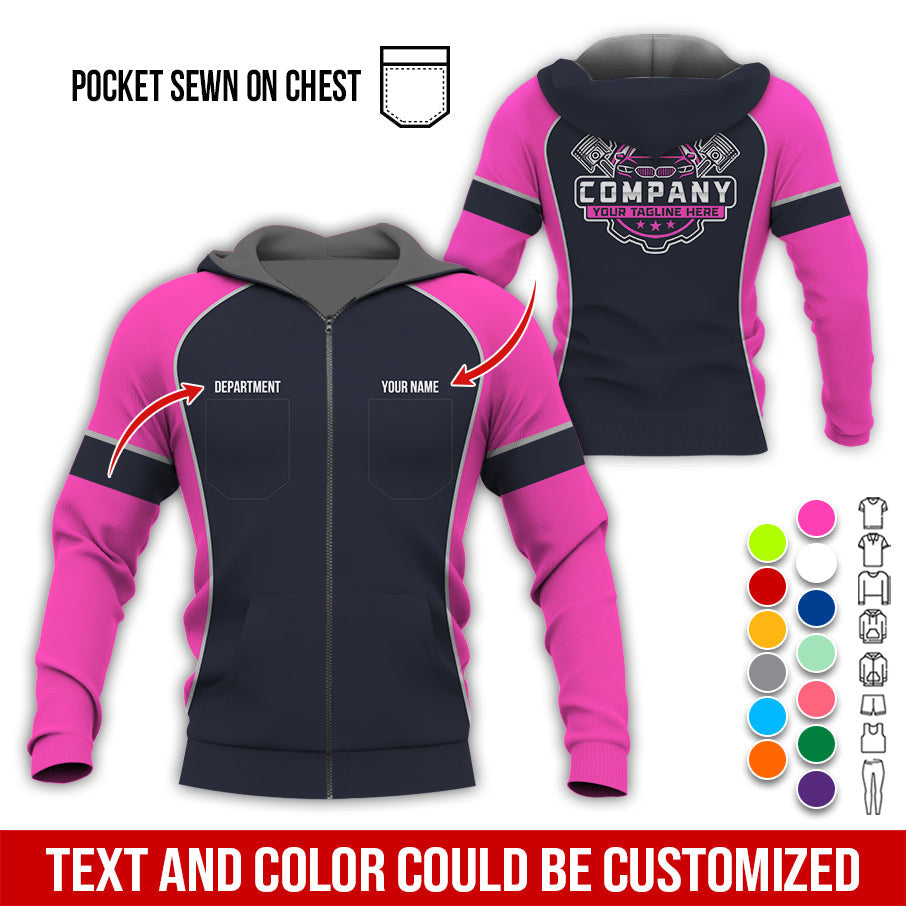 Custom Name Mechanic Shirt for Men, Personalized Garage Workwear Print, Great Gift for Auto Techs, Pink Mechanic T-Shirt