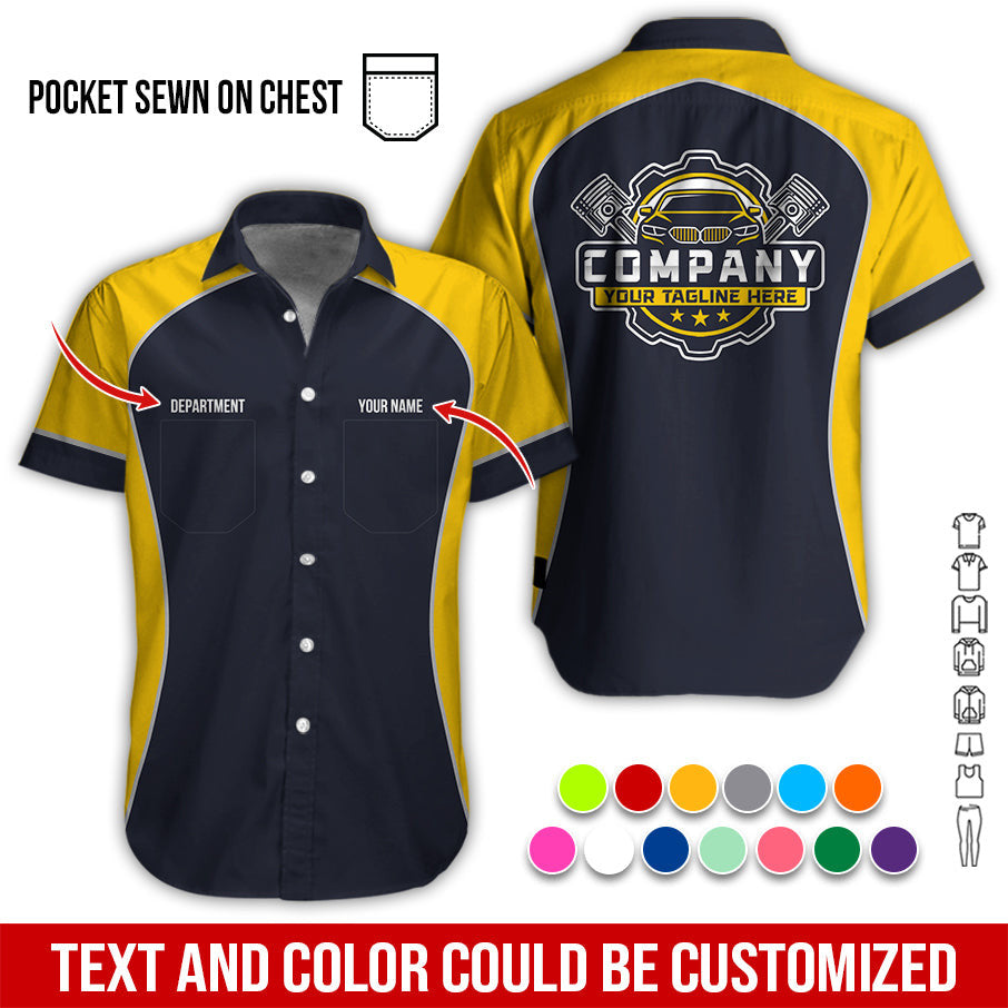 Custom Name Mechanic Shirt for Men, Personalized Garage Workwear Print, Great Gift for Auto Techs, Yellow Mechanic T-Shirt