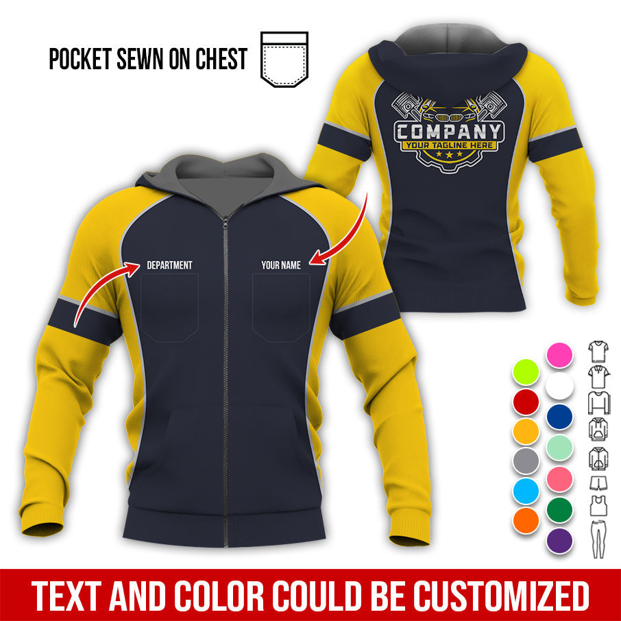 Custom Name Mechanic Shirt for Men, Personalized Garage Workwear Print, Great Gift for Auto Techs, Yellow Mechanic T-Shirt
