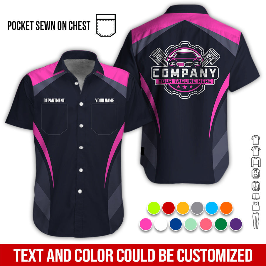 Custom Name Mechanic Shirt, Unisex Pink Crew Shirt for Automotive Workers, Perfect Gift for Him, 3D Printed Pocket Shirt