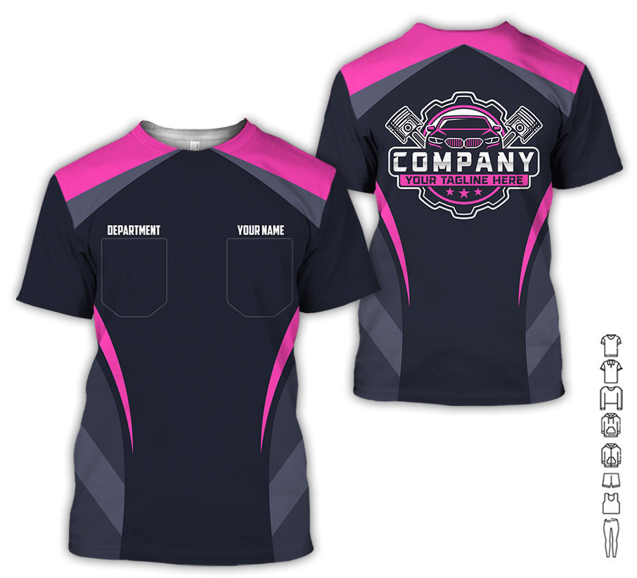 Custom Name Mechanic Shirt, Unisex Pink Crew Shirt for Automotive Workers, Perfect Gift for Him, 3D Printed Pocket Shirt