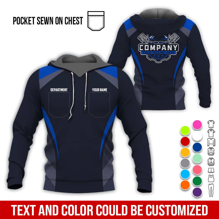 Custom Name Mechanic Shirt, Unisex Navy Crew Shirt for Automotive Workers, Perfect Gift for Him, 3D Printed Pocket Shirt