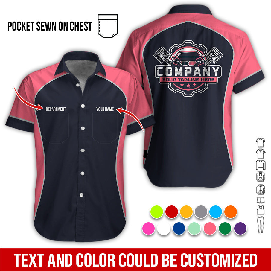 Custom Name Mechanic Shirt for Men, Personalized Garage Workwear Print, Great Gift for Auto Techs, Neon Pink Mechanic T-Shirt