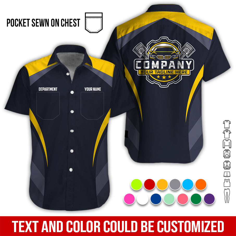 Custom Name Mechanic Shirt, Unisex Yellow Crew Shirt for Automotive Workers, Perfect Gift for Him, 3D Printed Pocket Shirt