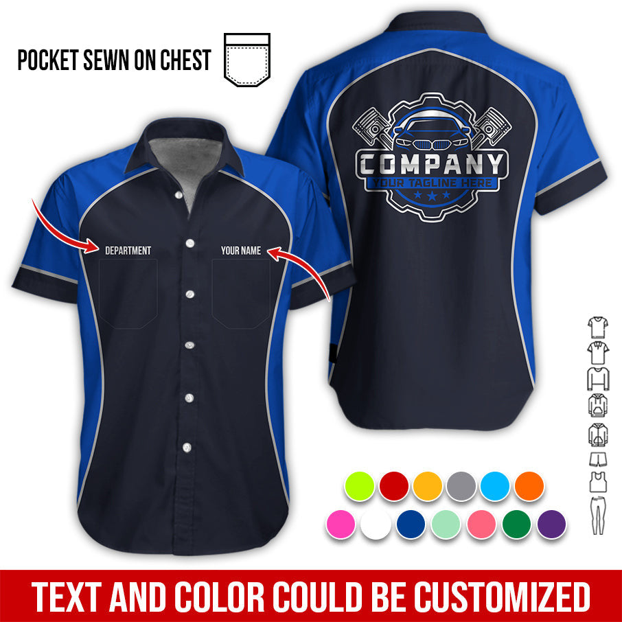 Custom Name Mechanic Shirt for Men, Personalized Garage Workwear Print, Great Gift for Auto Techs, Navy Mechanic T-Shirt