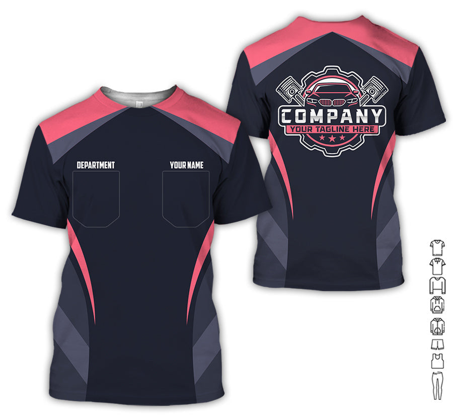 Custom Name Mechanic Shirt, Unisex Neon Pink Crew Shirt for Automotive Workers, Perfect Gift for Him, 3D Printed Pocket Shirt