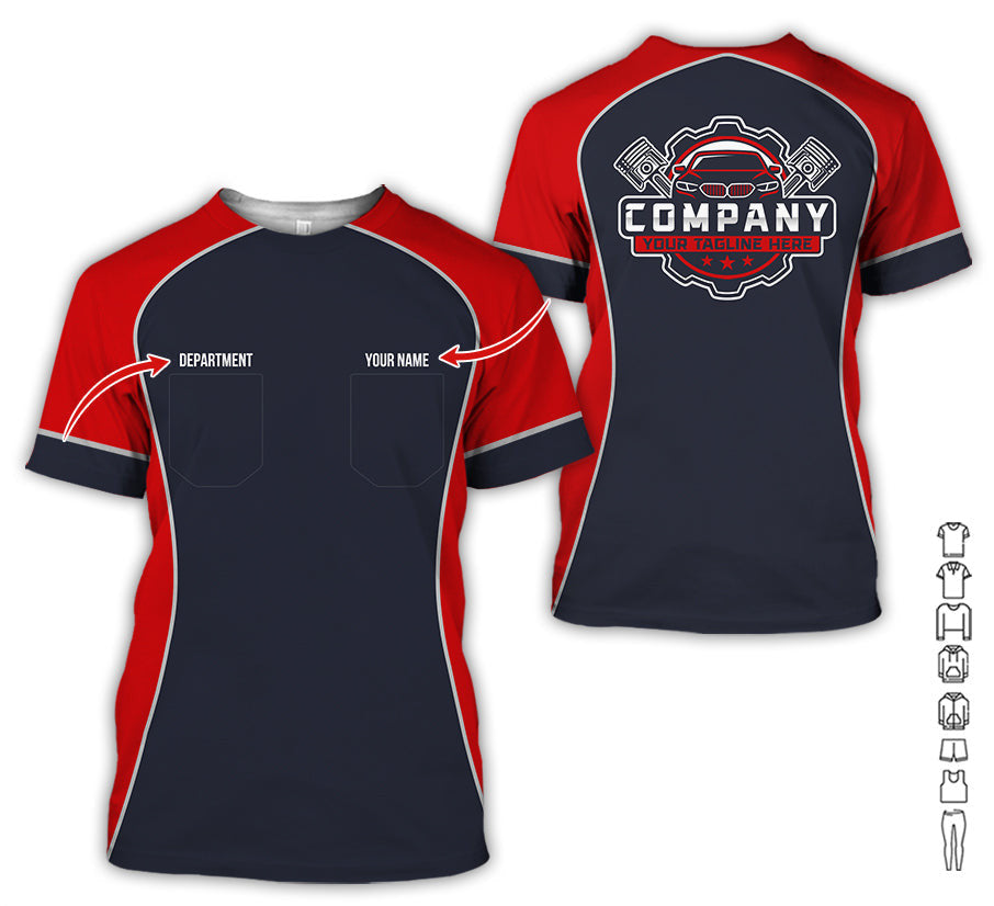 Custom Name Mechanic Shirt for Men, Personalized Garage Workwear Print, Great Gift for Auto Techs, Red Mechanic T-Shirt