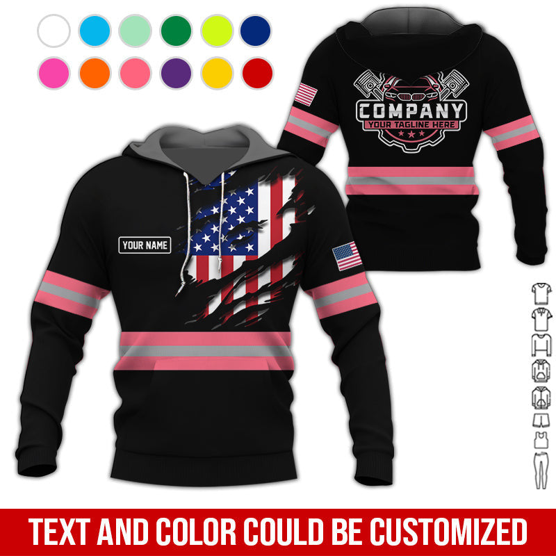 Personalized Auto Technician Shirt in Neon Pink, Custom Name Printed, Gift for Boyfriend, Husband, or Dad Who Loves Working on Cars