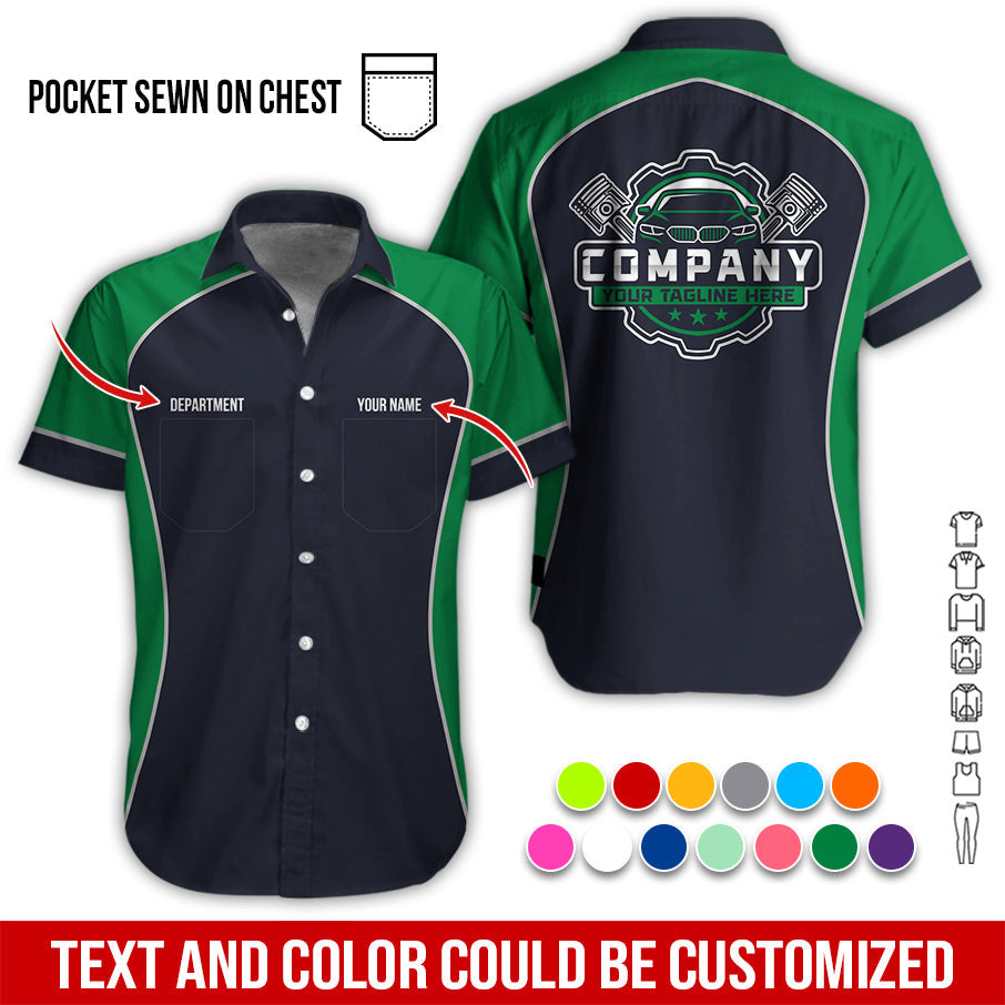 Custom Name Mechanic Shirt for Men, Personalized Garage Workwear Print, Great Gift for Auto Techs, Green Mechanic T-Shirt