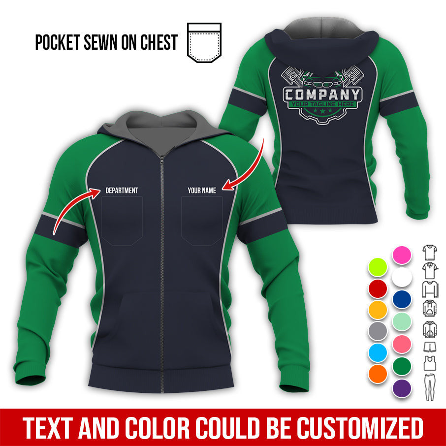 Custom Name Mechanic Shirt for Men, Personalized Garage Workwear Print, Great Gift for Auto Techs, Green Mechanic T-Shirt