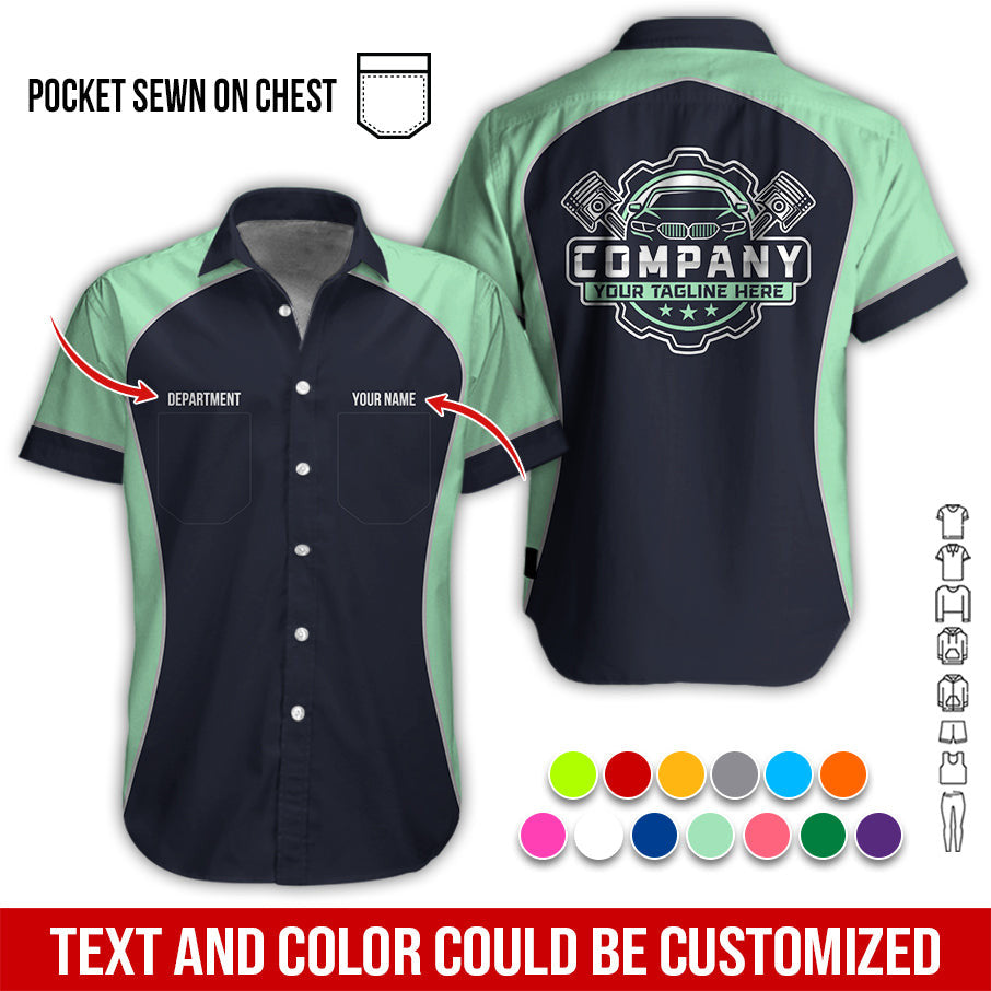 Custom Name Mechanic Shirt for Men, Personalized Garage Workwear Print, Great Gift for Auto Techs, Seafoam Mechanic T-Shirt