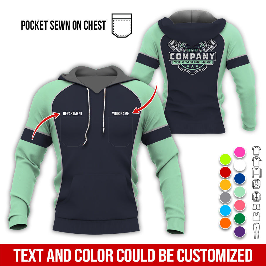 Custom Name Mechanic Shirt for Men, Personalized Garage Workwear Print, Great Gift for Auto Techs, Seafoam Mechanic T-Shirt