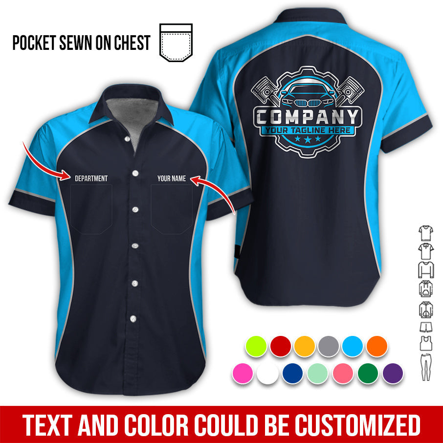 Custom Name Mechanic Shirt for Men, Personalized Garage Workwear Print, Great Gift for Auto Techs, Blue Mechanic T-Shirt