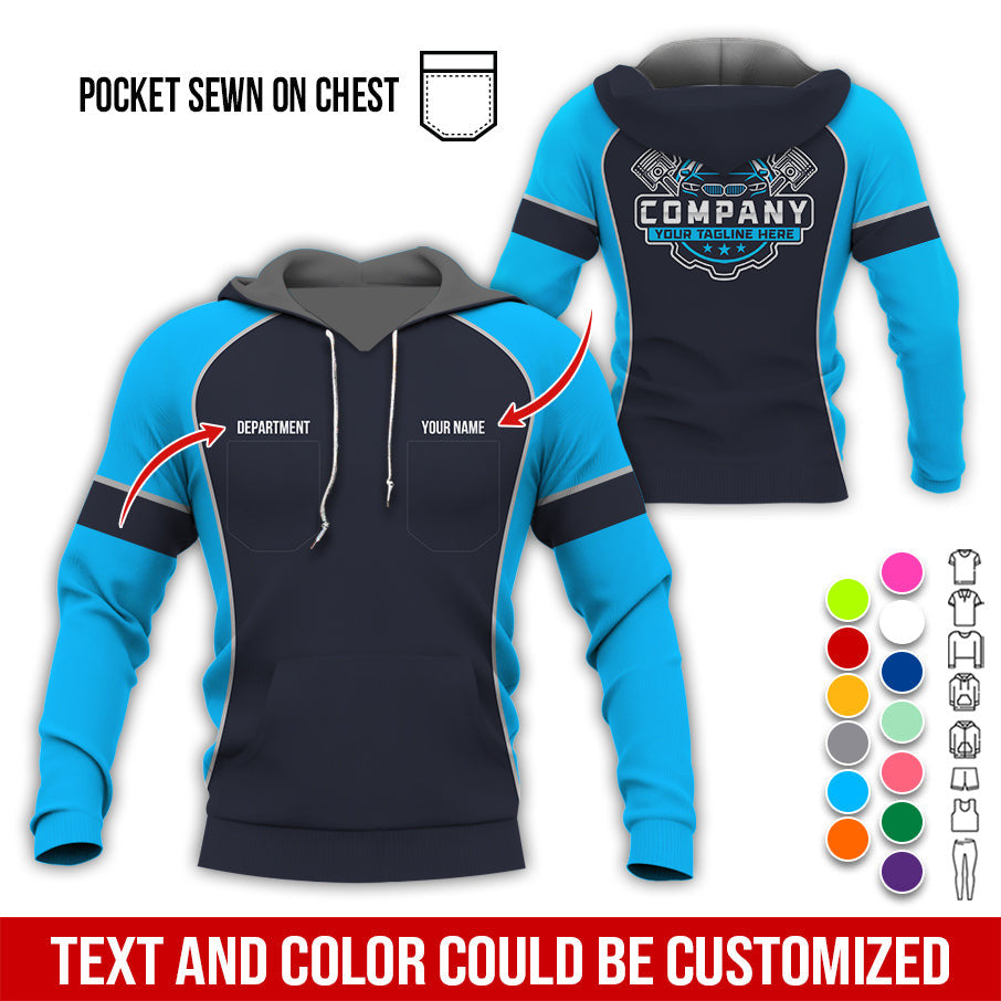 Custom Name Mechanic Shirt for Men, Personalized Garage Workwear Print, Great Gift for Auto Techs, Blue Mechanic T-Shirt