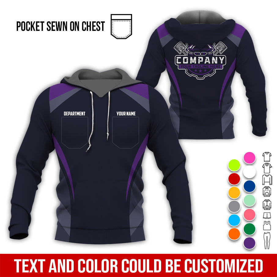 Custom Name Mechanic Shirt, Unisex Purple Crew Shirt for Automotive Workers, Perfect Gift for Him, 3D Printed Pocket Shirt