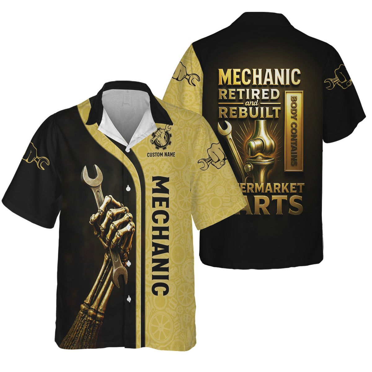 Personalized T-Shirt Mechanic Retired And Rebuilt Body Contains Aftermarket Parts Bony Hand Design Shirt