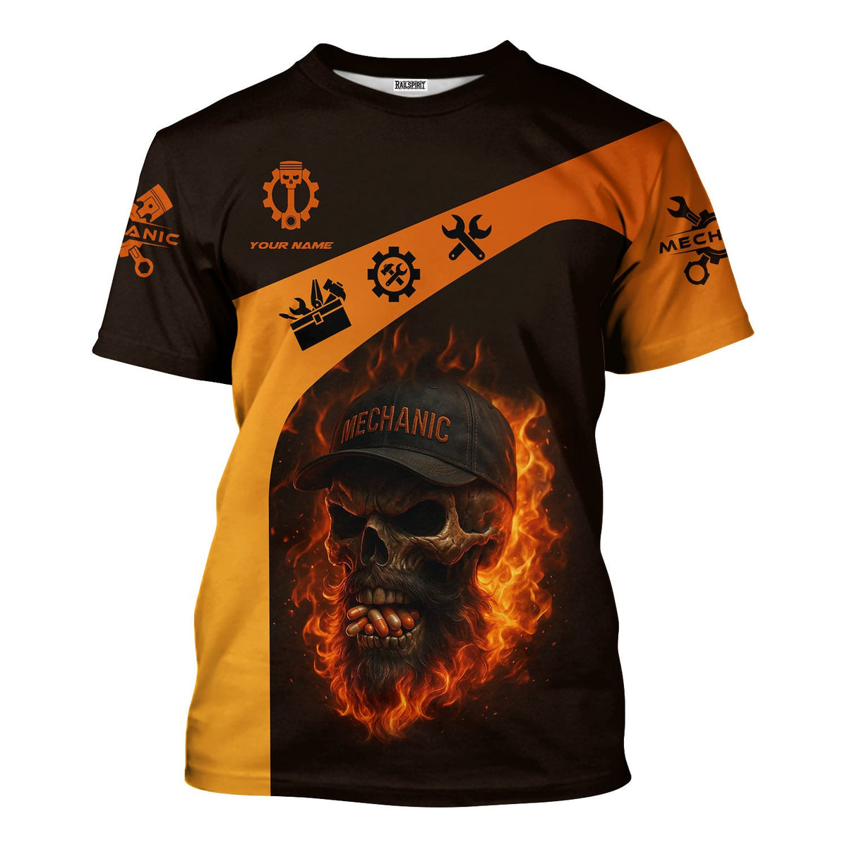 Personalized T-Shirt Grumpy Old Mechanic You're About To Exceed The Limits Of My Medication Flame Skull Design Shirt