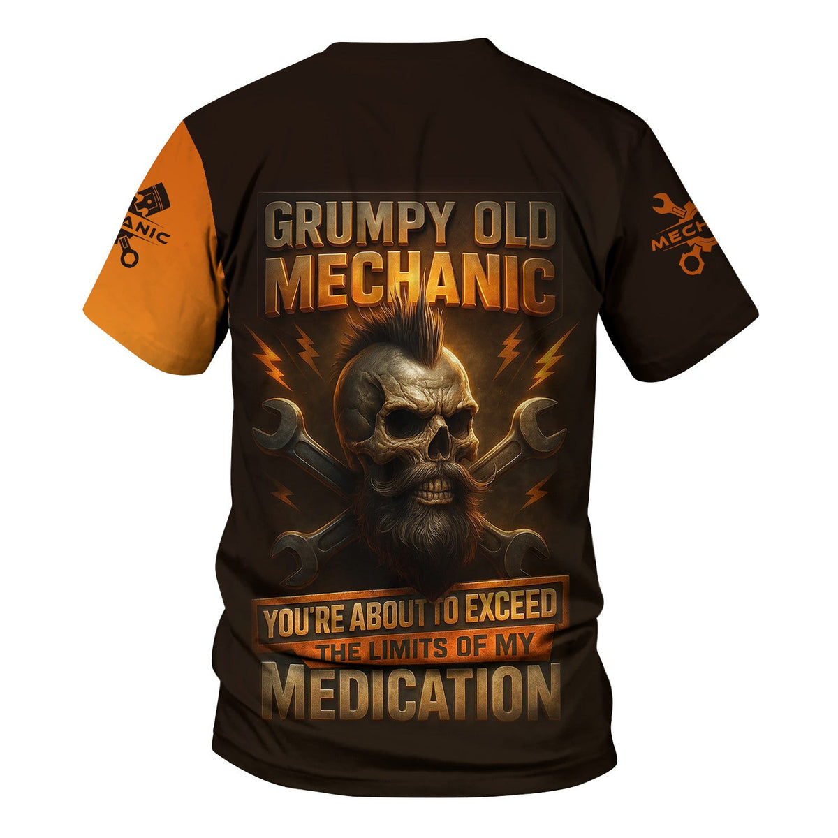 Personalized T-Shirt Grumpy Old Mechanic You're About To Exceed The Limits Of My Medication Flame Skull Design Shirt