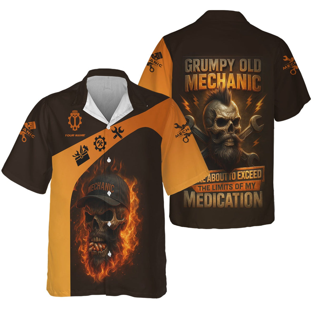 Personalized T-Shirt Grumpy Old Mechanic You're About To Exceed The Limits Of My Medication Flame Skull Design Shirt