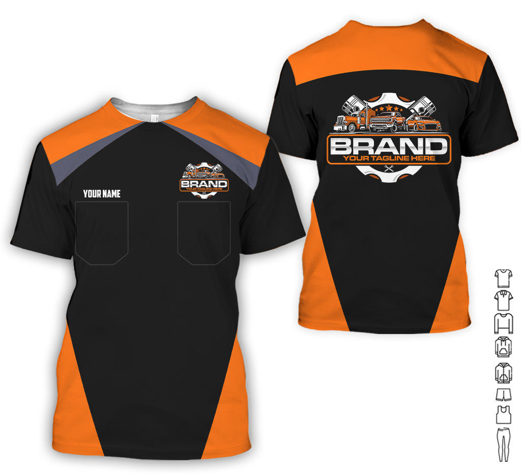 Personalized Mechanic Uniform for Men, 3D Printed Pocket Shirt for Auto Technicians, Orange Color, Great Gift for Car Guys