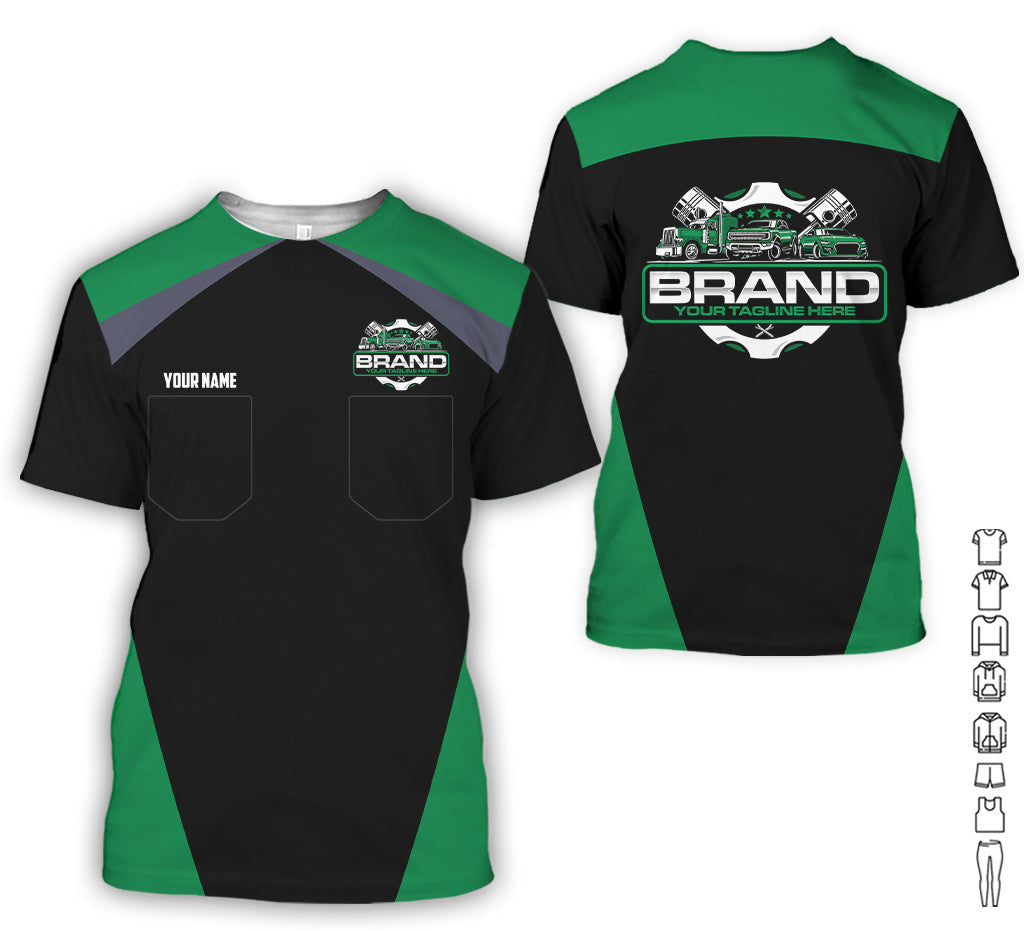Personalized Mechanic Uniform for Men, 3D Printed Pocket Shirt for Auto Technicians, Green Color, Great Gift for Car Guys