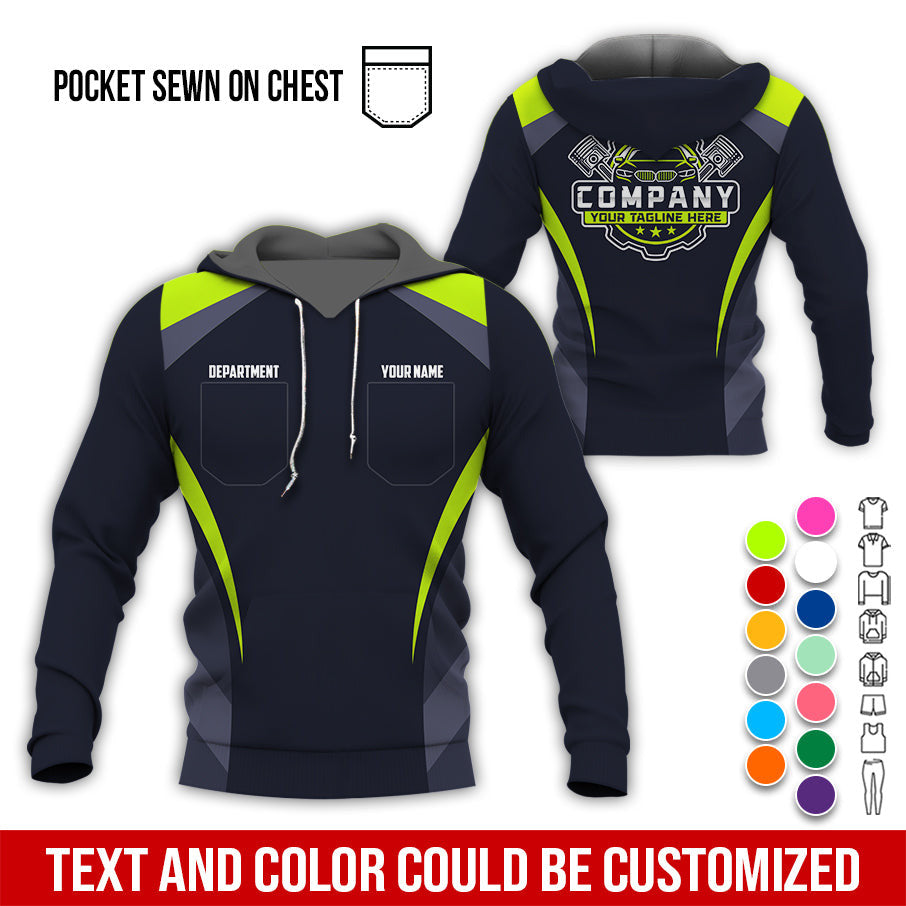 Custom Name Mechanic Shirt, Unisex Yellow Green Crew Shirt for Automotive Workers, Perfect Gift for Him, Printed Poket Shirt